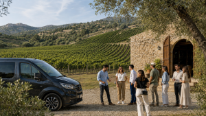 Taxi del Vino en la Costa Blanca: Disfruta de las bodegas sin conducir - Imagen creado con IA🍷🚕 www.experienciascostablanca.com